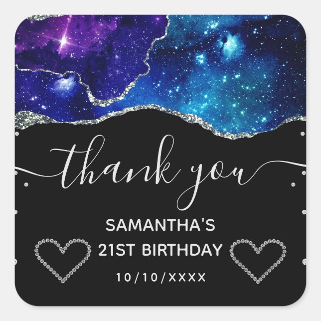 Galaxy Sky & Silver Glitter Agate 21st Birhday Square Sticker (Front)