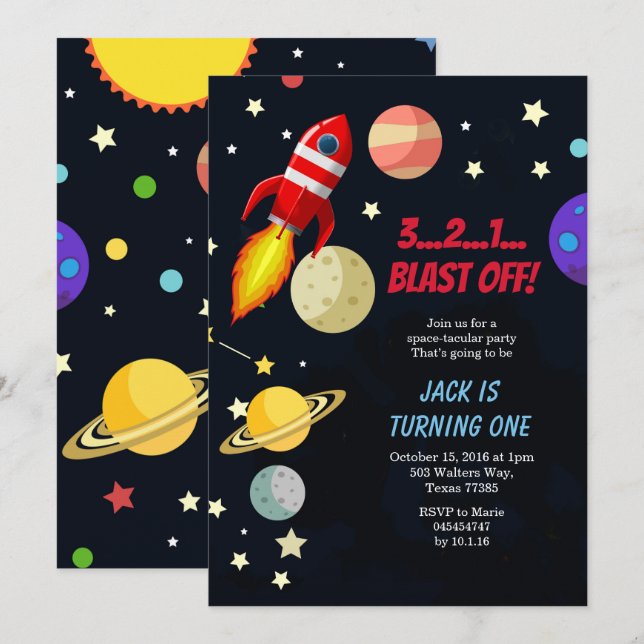 Galaxy Space Blast off Birthday Invitation (Front/Back)