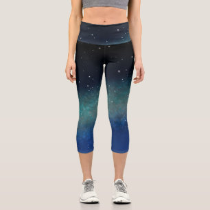 Galaxy Space Nebula Night Sky Blue Green Capri Leggings