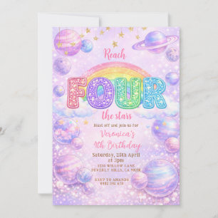 Galaxy Space Rainbow 4th Birthday Party Invitation