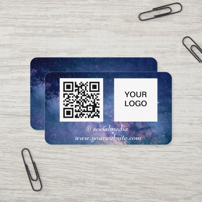 Galaxy Space Social media QR Code Navy Blue Modern Business Card (Front/Back In Situ)