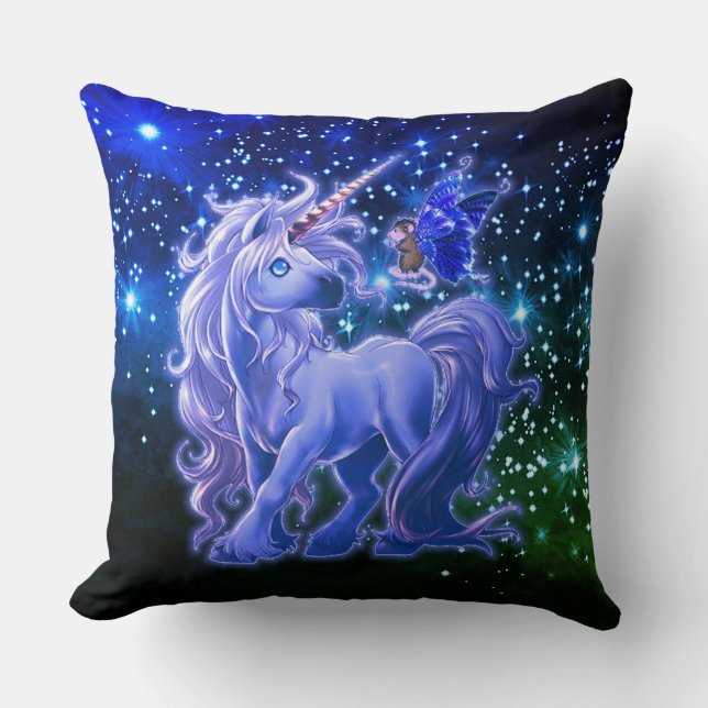 Galaxy Sparkle Blue Unicorn Throw Pillow (Front)