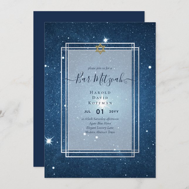 Galaxy Starry Night BAR MITZVAH Invitations Bleu (Devant / Derrière)