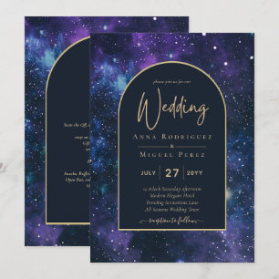 Galaxy Starry Night Purple Blue Gold Wedding Invitation