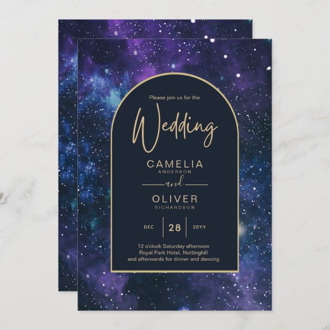 Galaxy Starry Night Purple Blue Gold Wedding Invitation (Front/Back)
