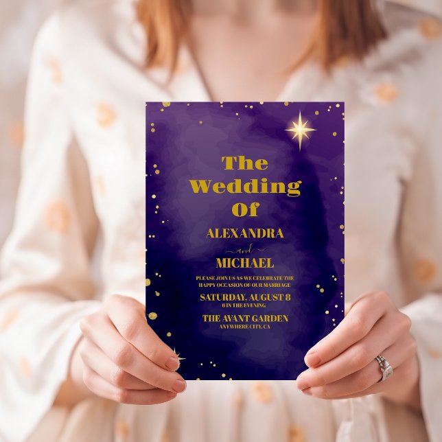 Galaxy Starry Night Sky Blue Purple Gold Wedding Invitation (Creator Uploaded)