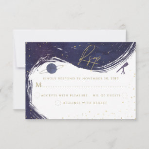 Galaxy Starry Night Sky Blue Purple Gold Wedding RSVP Card