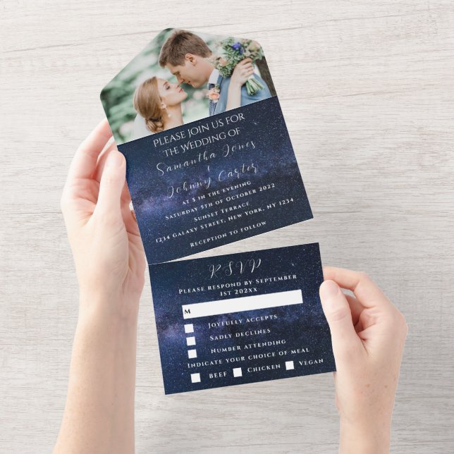 Galaxy Starry Night Stars Sky Wedding Nebula Photo All In One Invitation (Tearaway)