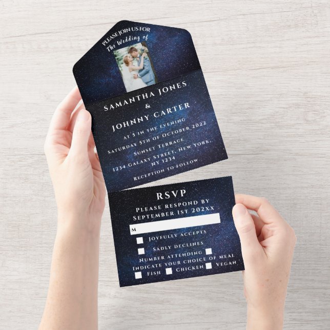 Galaxy Starry Night Stars Sky Wedding Nebula Photo All In One Invitation (Tearaway)