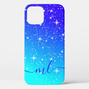 Galaxy Stars Sky Aqua Blue Teal Custom Monogrammed iPhone 12 Case