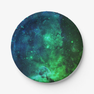 Galaxy Stars Space Green Neon Pattern Paper Plate