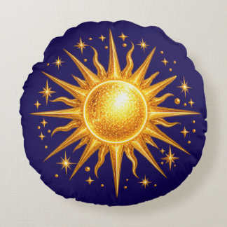 Galaxy Sun and Stars Faux Gold Navy Blue Round Pillow