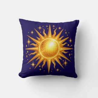 Galaxy Sun and Stars Faux Gold Navy Blue Throw Pillow