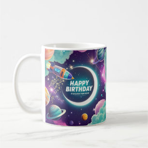 Galaxy-themed happy birthday crescent moon, stars coffee mug