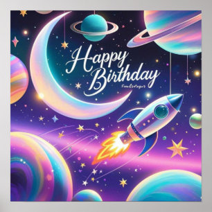 Galaxy-themed happy birthday crescent moon, stars poster