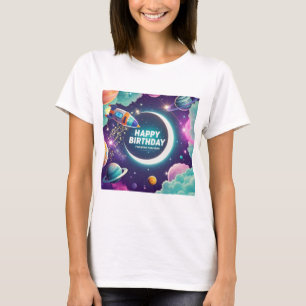 Galaxy-themed happy birthday crescent moon, stars T-Shirt