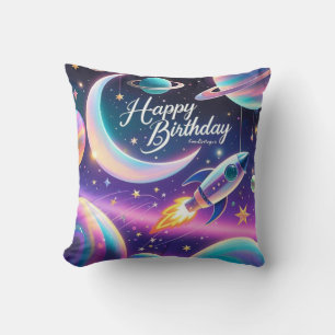 Galaxy-themed happy birthday crescent moon, stars throw pillow