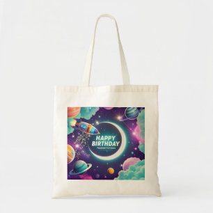 Galaxy-themed happy birthday crescent moon, stars tote bag