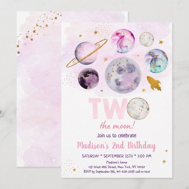 Galaxy Two The Moon Pink Gold Outer Space Birthday Invitation (Front/Back)
