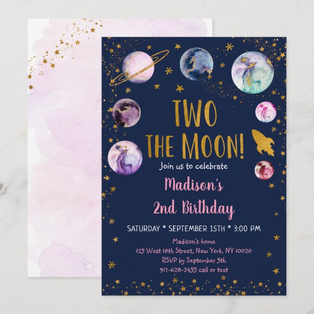 Galaxy Two The Moon Pink Gold Outer Space Birthday Invitation (Front/Back)