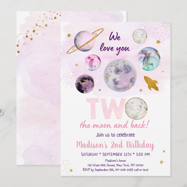 Galaxy Two The Moon Pink Gold Outer Space Birthday Invitation (Front/Back)