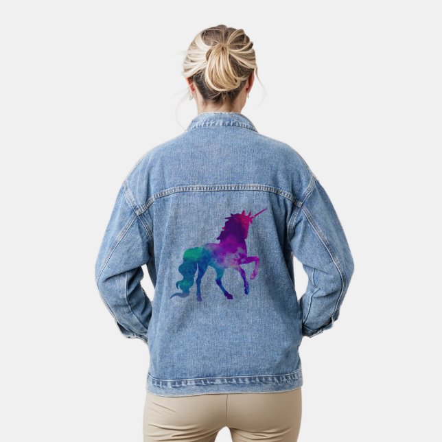 Galaxy Unicorn Sky Colours of Blue & Purple Womens Denim Jacket (Model)