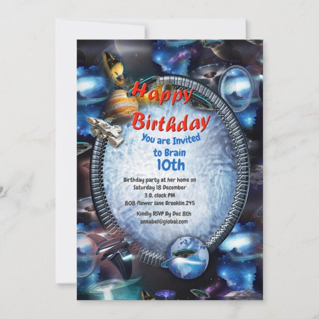 Galaxy visitors in space invitation (Front)