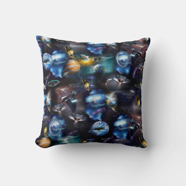 Galaxy Visitors in Space Throw Pillow (Front)