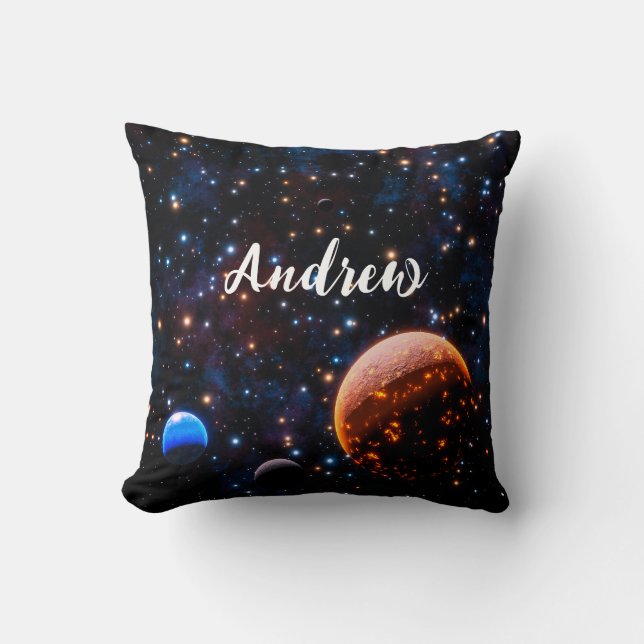 Galaxy with stars and planets name throw pillow (Front)