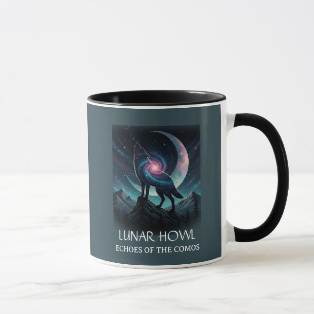Galaxy Wolf Silhouette with Mystical Nebula Moon Mug (Right)