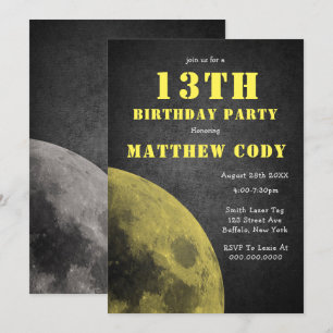 Galaxy Yellow Moon 13th Birthday Party Invites