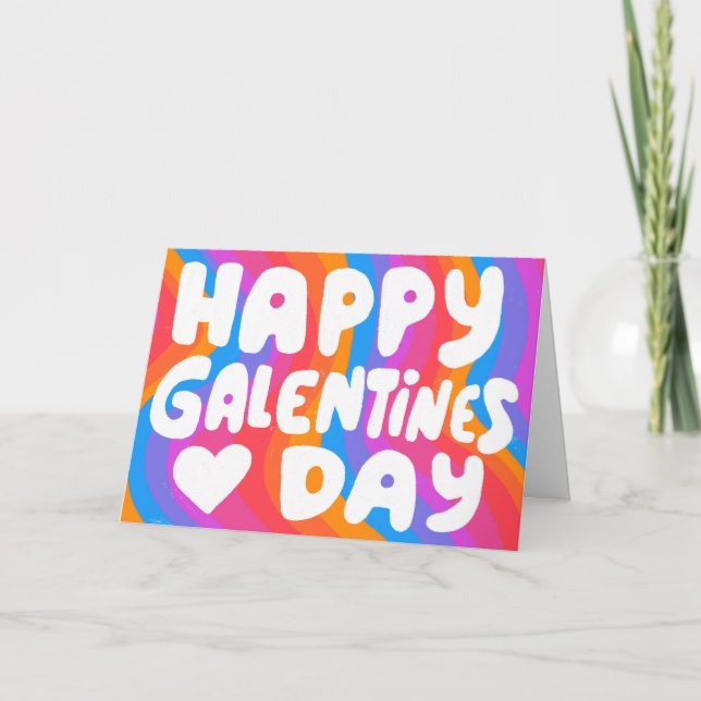 Galentine Bubble Letters Rainbow Groovy Retro Card (Front)