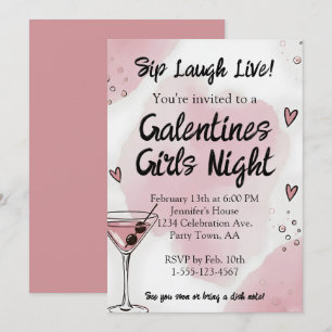 Galentine Girls Night Out Martini Pink and Black Invitation