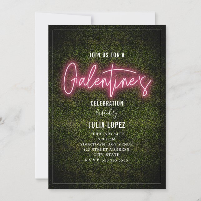 Galentine Neon Script Boxwood Valentine Party Invitation (Front)