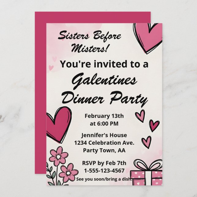 Galentine Pink Sisters Before Misters Dinner Party Invitation (Front/Back)