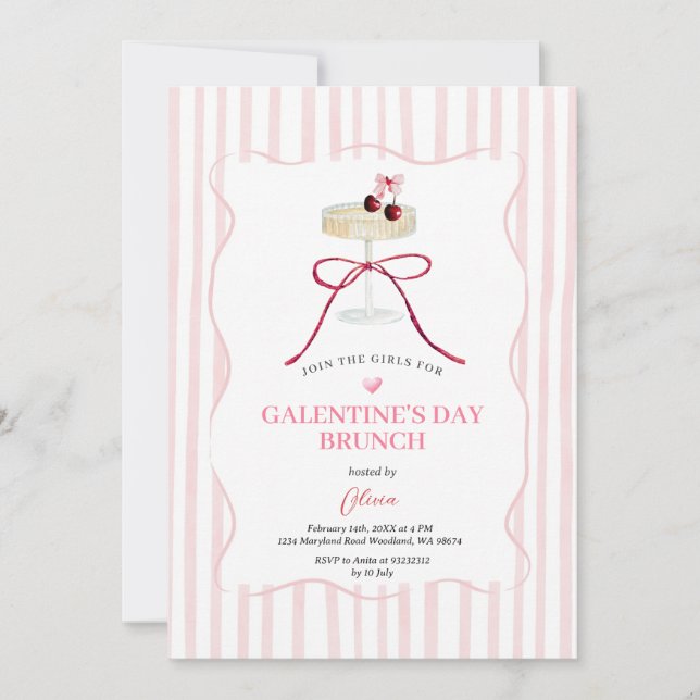 Galentine’s Day Brunch Invitation | Pink Stripe (Devant)