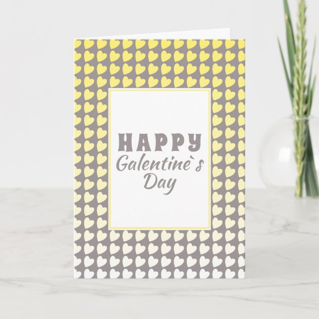 Galentine`s Day Yellow Grey Gradient Heart Pattern Holiday Card (Front)