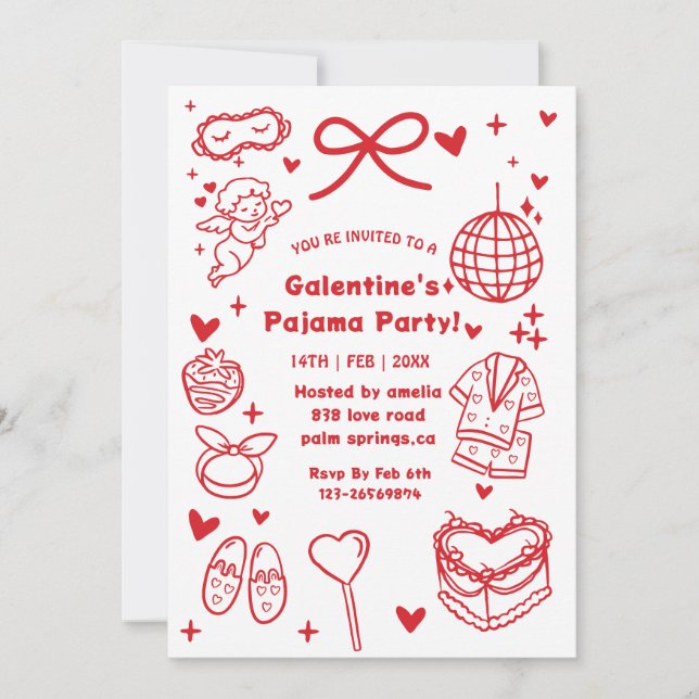 Galentine’s Pajama, Night Valentine Hand Drawn  Invitation (Front)