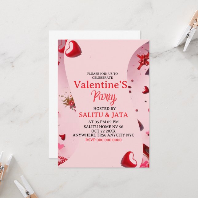 Galentine’s Party Invitation, Pink Heart & Bow Bir Invitation (Front/Back In Situ)