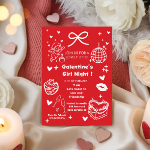 Galentine’s Party, Night Valentine Hand Drawn  Invitation