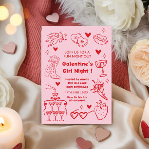 Galentine’s Party, Night Valentine Hand Drawn  Invitation