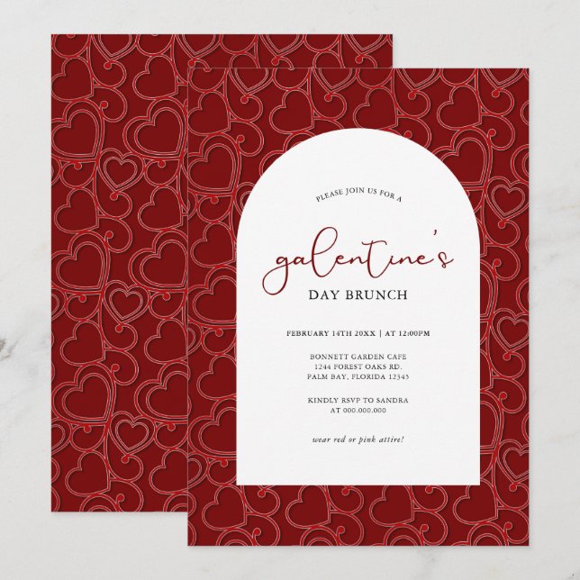 Galentine's Brunch Vintage Red Hearts Pattern Invitation (Front/Back)