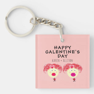 Galentines Day BFF Pink Red Hearts Personalized Keychain
