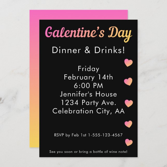 Galentines Day Dinner Drinks Pink Black Party Invitation (Front/Back)