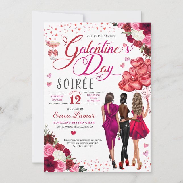 Galentine's Day Girl Friends Brunch Pink Hearts Invitation (Front)