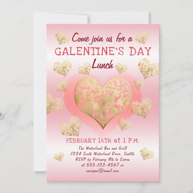 Galentine's Day Lunch Pink Gold Hearts Invitation (Front)