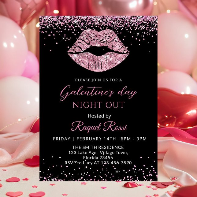 Galentine's Day Night Out Pink Glitter Lips Invitation (Galentine's Day Night Out Pink Glitter Lip Invitation)