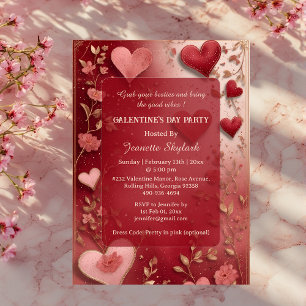 Galentine's Day Party Heart Ivory Vine Floral Red Acrylic Invitations