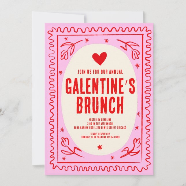 Galentine's Day Red Pink  hand drawn Brunch  Invitation (Front)