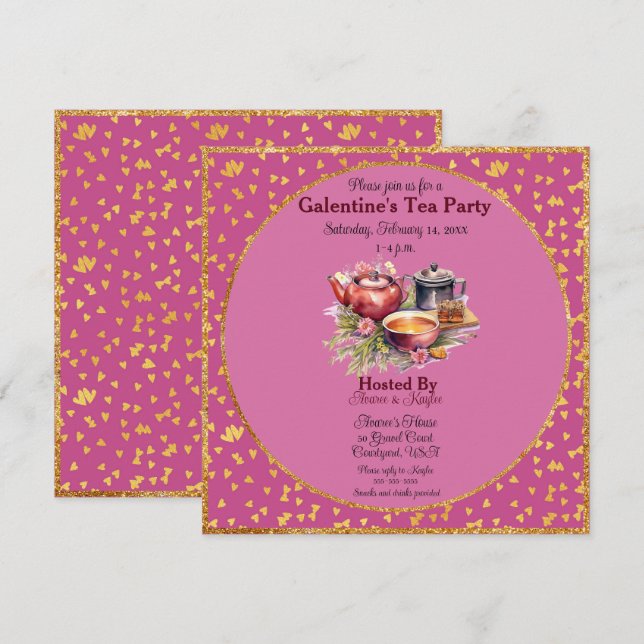 Galentine's Day Tea Party Pink and Gold Hearts (Front/Back)